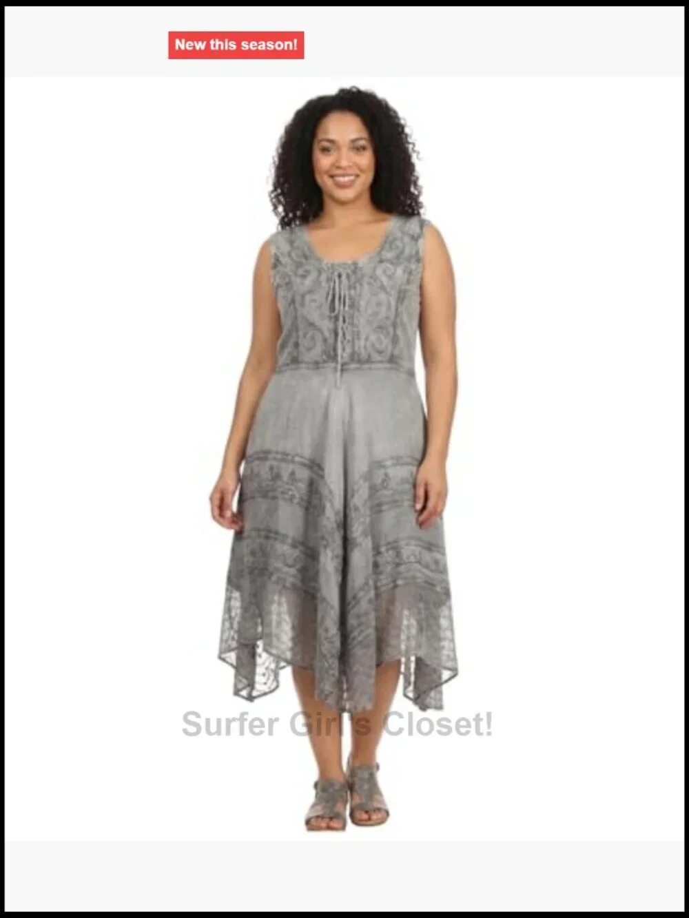 Stonewashed Rayon Embroidered Midi Dress Handkerchief Hem Boho